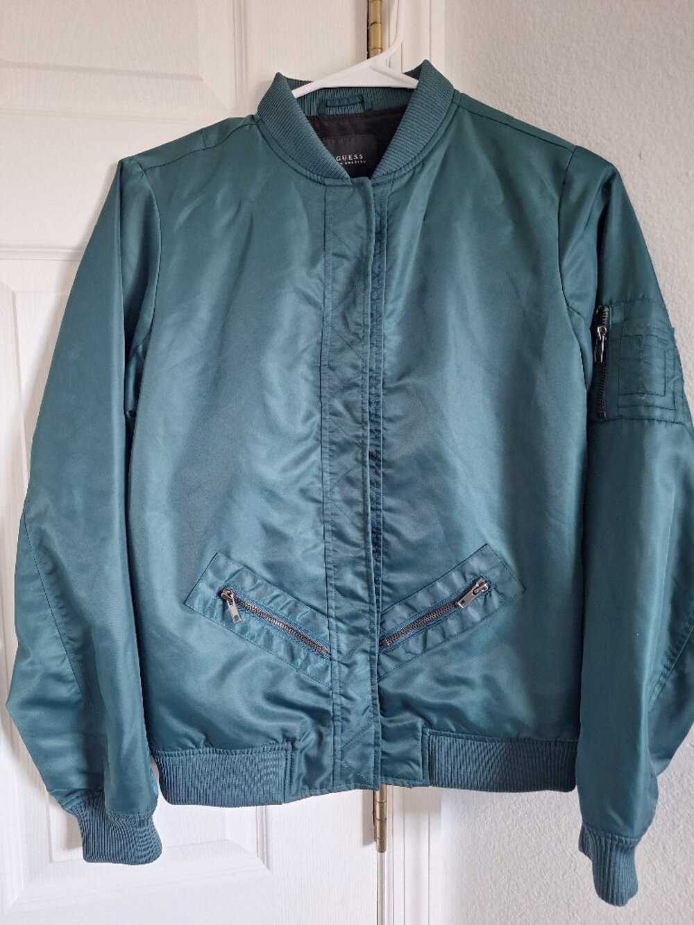 GUESS Satin Bomber Flight Jacket Teal Blue Green Zip Pockets
